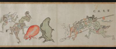 lively scenes of demons, some dancing, some playing instruments, others running and fighting; some of the demons are broken instruments, tools, or cookware; sun on horizon at far L