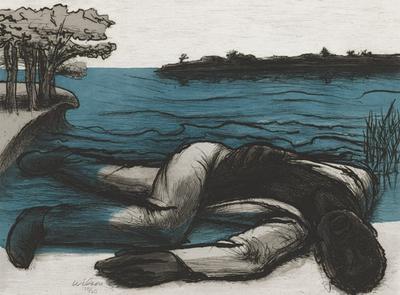 black man lying on shoreline with leg partially underwater, wearing white garments; island in background; trees at left