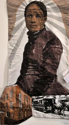 3/4 length portrait of a woman in a purple dress at top center with images of a building at LL and a horse-drawn trolly in LR; rod pocket on verso for hanging