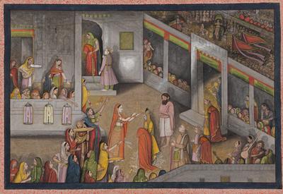 woman at center in orange and green, holding a triangular shaped object (lamp?) in front of a figure in yellow and a figure draped in orange and gold, with three more pairs of figures in similar dress standing behind them; bearded man in pink and white behind central pair of figures; standing woman in LLQ wearing various jewel-toned garments; women and girls observing at left inside a room; man figures and musicians on various levels of the building at right, with elephants and large flags on middle tier in URQ