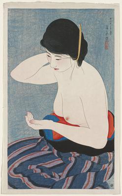 portrait; seated bare-chested woman with blue, purple and orange striped kimono pushed below her breasts; PR hand behind head; blue ground